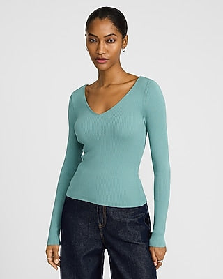 Express Women's Silky Soft Fitted Ribbed Double V-Neck Sweater in Mineral Blue