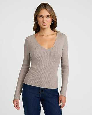 Express Women's Silky Soft Fitted Ribbed Long Sleeve Double V-Neck Sweater in Heathered Taupe