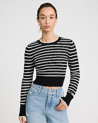 Express Women's Striped Open Stitch Cropped Sweater in Pitch Black