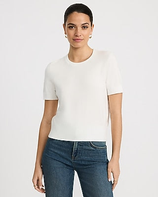 Express Women's Airy Soft Skimming Short Sleeve Sweater in White Small