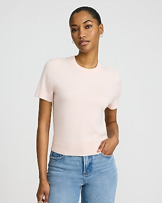 Express Women's Airy Soft Skimming Short Sleeve Sweater in Pink Small
