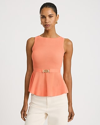 Express Women's Ribbed Crew Neck Belted Peplum Sweater Tank Top in Pink Small