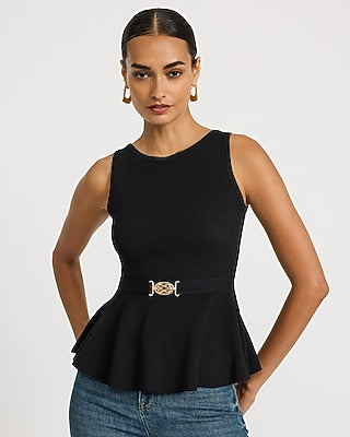 Express Women's Ribbed Crew Neck Belted Peplum Sweater Tank Top in Jet Black