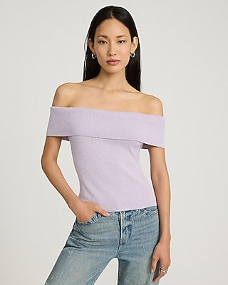Express Women's Marled Off The Shoulder Short Sleeve Sweater in Purple Small
