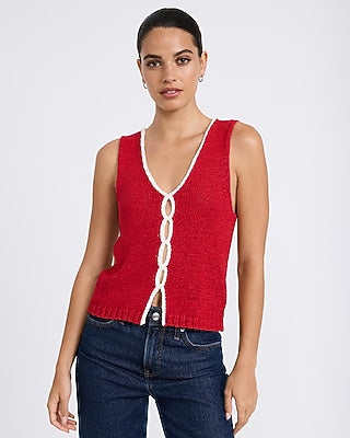 Express Women's Tipped V-Neck Keyhole Front Sweater Tank Top in Red Small