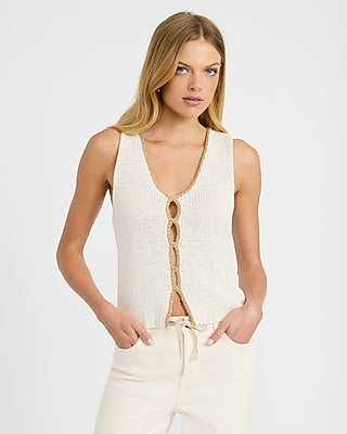 Express Women's Tipped V-Neck Keyhole Front Sweater Tank Top in Cream