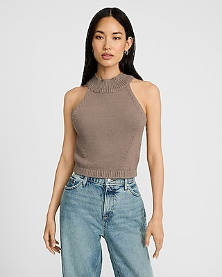 Express Women's Ribbed Halter Sweater Tank Top in Mushroom