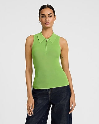 Express Women's Fitted Ribbed Collared Zip Up Sweater Tank Top in New Chartreuse