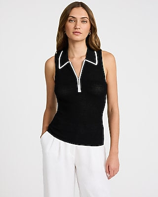 Express Women's Fitted Ribbed Collared Zip Up Tipped Sweater Tank Top in Black Small