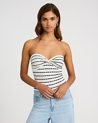 Express Women's Striped Twist Front Sweater Tube Top in Pitch Black