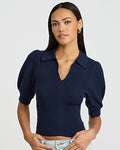 Express Women's Collared Patterned Knit Short Puff Sleeve Sweater in Blue Small