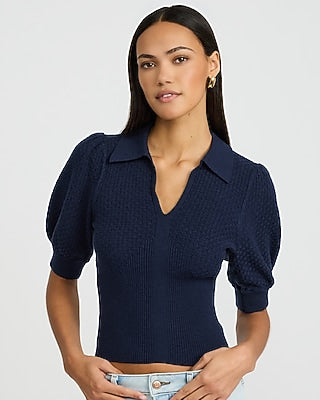 Express Women's Collared Patterned Knit Short Puff Sleeve Sweater in Indigo Blue