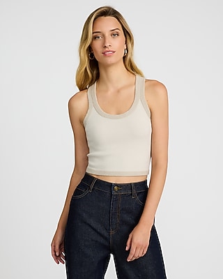 Express Women's Shine Tipped Scoop Neck Racerback Sweater Tank Top in Warm Ivory