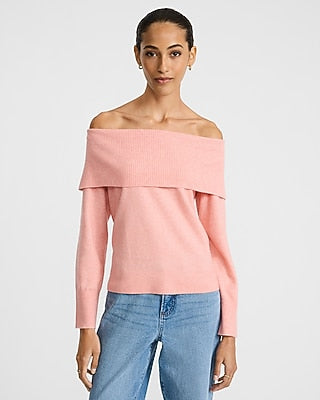 Express Women's Cloud Soft Fold Over Off The Shoulder Sweater in Pink Small