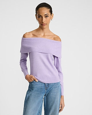 Express Women's Cloud Soft Fold Over Off The Shoulder Sweater in Purple Small