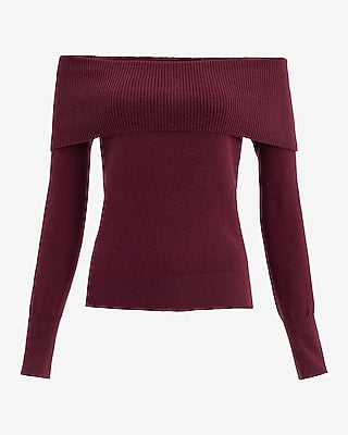 Express Women's Cloud Soft Fold Over Off The Shoulder Sweater in Burgundy