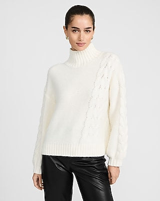 Express Women's Turtleneck Cable Knit Balloon Sleeve Sweater in Ivory