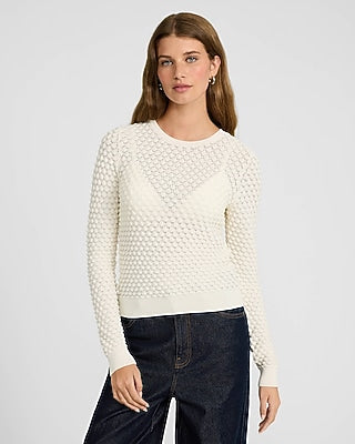 Express Women's Pointelle Crew Neck Fitted Sweater in Ivory
