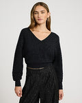 Express Women's Glitter Double V-Neck Dolman Sweater in Pitch Black