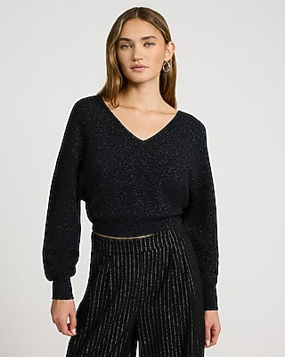 Express Women's Glitter Double V-Neck Dolman Sweater in Pitch Black