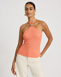 Express Women's Ribbed Tie Halter Gold Hardware Sweater Tank Top in Coral