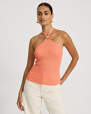 Express Women's Ribbed Tie Halter Gold Hardware Sweater Tank Top in Coral