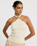 Express Women's Ribbed Tie Halter Gold Hardware Sweater Tank Top in Neutral Small