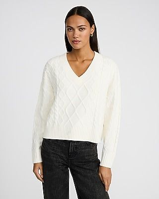 Express Women's Cable Knit V-Neck Sweater in Ivory