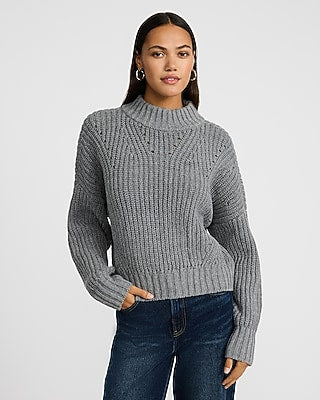 Express Women's Open Stitch Mock Neck Sweater in Gray
