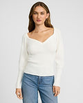Express Women's Ribbed V-Neck Long Puff Sleeve Sweater in Ivory