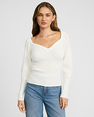 Express Women's Ribbed V-Neck Long Puff Sleeve Sweater in Ivory