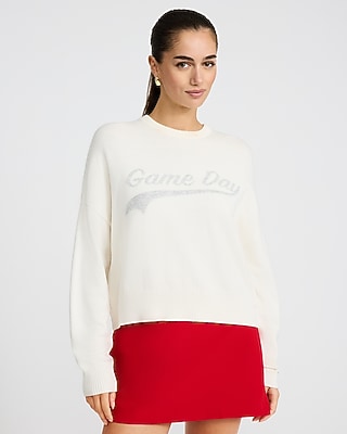 Express Women's Ultrasoft Relaxed Game Day Graphic Crew Neck Sweater in Ivory