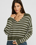 Express Women's Ultrasoft Relaxed Striped V-Neck Sweater in Green Small