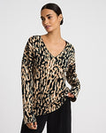 Express Women's Leopard V-Neck Oversized Tunic Sweater in Warm Ivory