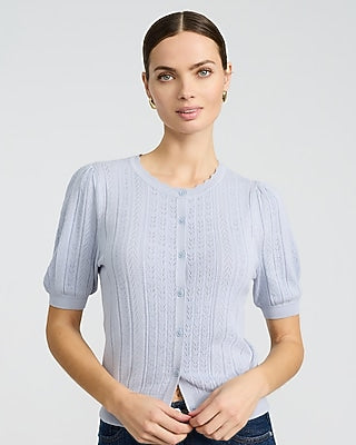 Express Women's Pointelle Crew Neck Short Sleeve Cardigan in Blue Small