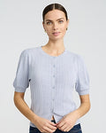 Express Women's Pointelle Crew Neck Short Sleeve Cardigan in Light Blue