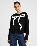 Express Women's Cloud Soft Bow Graphic Crew Neck Sweater in Pitch Black