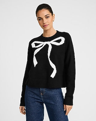 Express Women's Cloud Soft Bow Graphic Crew Neck Sweater in Pitch Black