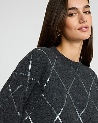 Express Women's Sequin Argyle Crew Neck Sweater in Charcoal Gray