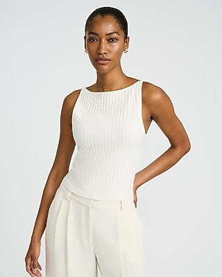 Express Women's Textured Boat Neck Fitted Sweater Tank Top in White Small