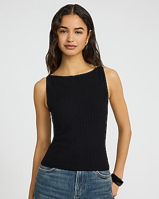 Express Women's Textured Boat Neck Fitted Sweater Tank Top in Black Small