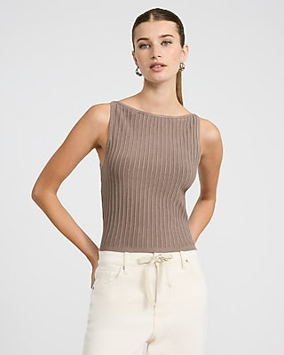 Express Women's Textured Boat Neck Fitted Sweater Tank Top in Brown Small