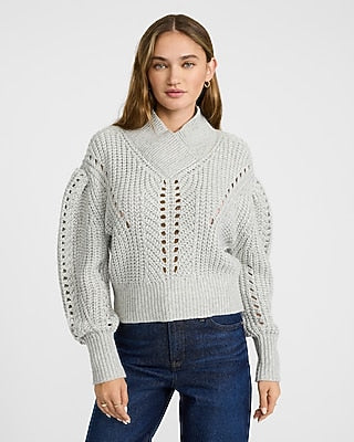 Express Women's Open Stitch Shawl Neck Puff Sleeve Sweater in Gray Small