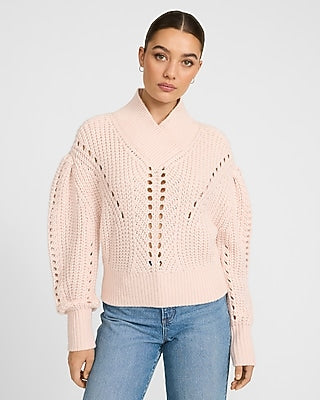 Express Women's Open Stitch Shawl Neck Puff Sleeve Sweater in Light Pink