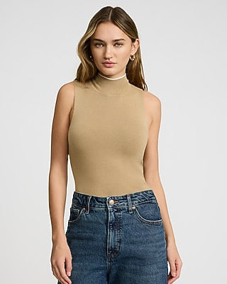Express Women's Fitted Tipped Mock Neck Sleeveless Sweater in Brown Small
