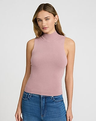 Express Women's Fitted Mock Neck Sleeveless Sweater in Pink Small