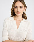 Express Women's Pointelle Short Sleeve Johnny Collar Sweater Polo in White Small