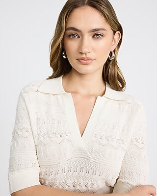 Express Women's Pointelle Short Sleeve Johnny Collar Sweater Polo in White Small
