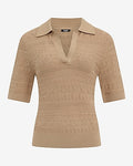 Express Women's Pointelle Short Sleeve Johnny Collar Sweater Polo in Brown Small