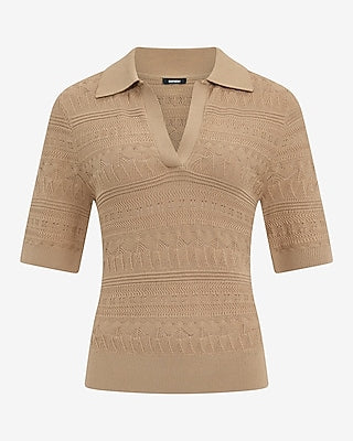 Express Women's Pointelle Short Sleeve Johnny Collar Sweater Polo in Brown Small